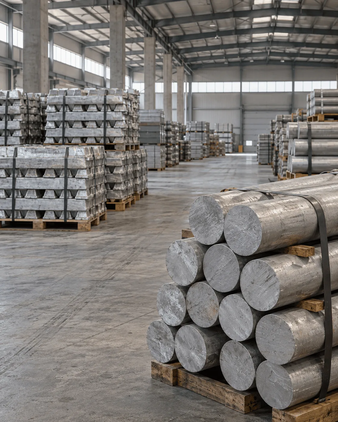 Alüminyum billet ve ingot stoklarının bulunduğu temsili depo alanı